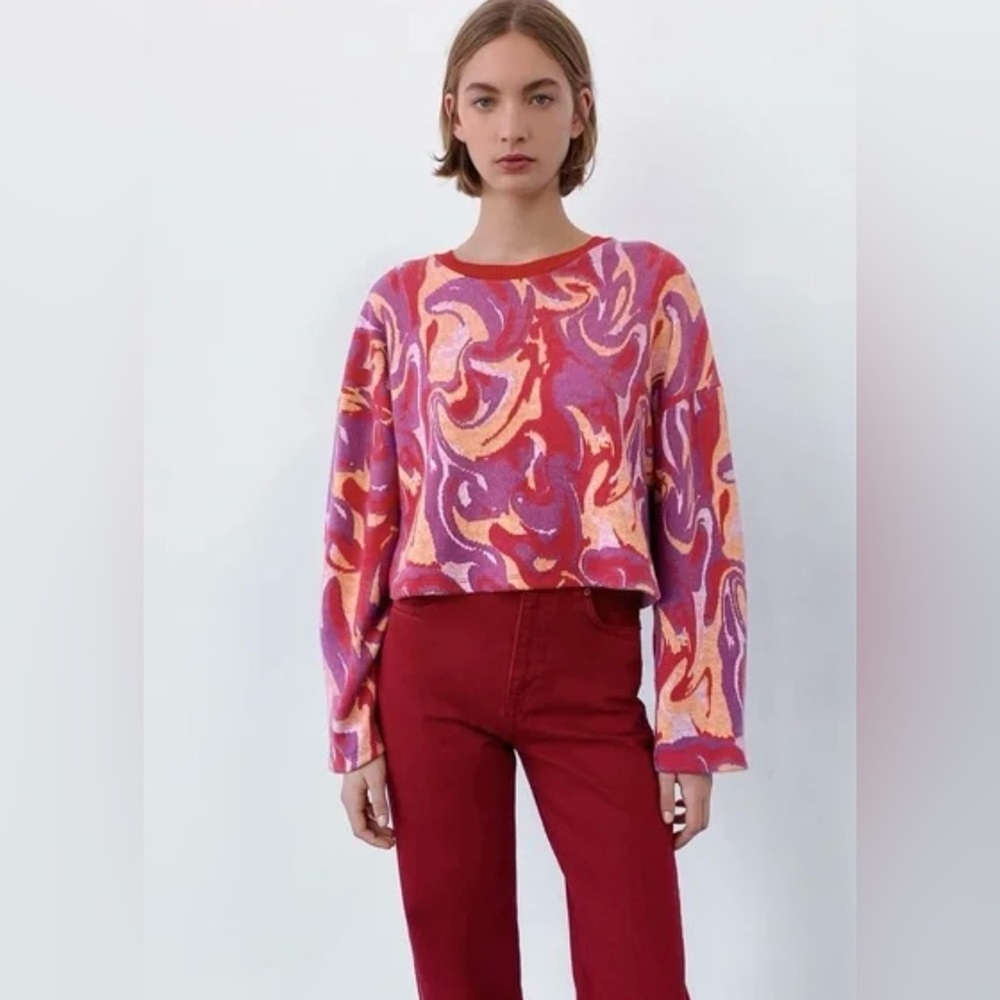 Zara Cropped Abstract Jacquard Knit Sweater | Red Purple Multicolor | Size S